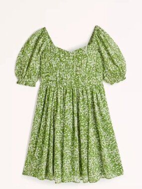 Abercrombie Green Floral Smocked Puff-Sleeve Mini Dress